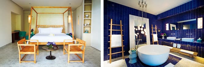 客室のベッドルーム（左）とバスルーム（右）。●〈Point Yamu by COMO〉225 Moo 7 Paklok Talang, Phuket TEL +66 76 360 100。全79室＋プライベートヴィラ27棟。9,000バーツ〜（税サ別）。http://www.comohotels.com/pointyamu