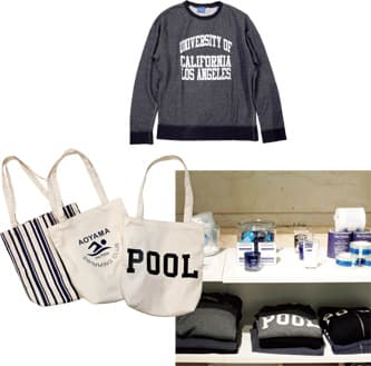 カレッジロゴ入りのオリジナルスウェット16,000円。トートバッグ各2,800円。●〈the POOL aoyama〉東京都港
区南青山5-12－24 シャトー東洋南青山1F。11時〜20時。不定休。http://THE-POOL-AOYAMA.COM