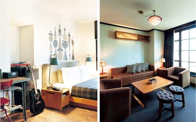 左／〈Ace Hotel NY〉文化の起点としてのホテルを提唱したエース。今やNY名所のロビーをはじめ客室、レストラン２軒、スタンプタウンコーヒーもＲ＆Ｗ。トータルな世界観が堪能できる。右／〈Viceroy New York〉ミッドタウンのビジネス層向けホテル、ヴァイスロイ。丁寧に作り込んだ家具は全部オリジナル。「日本と北欧の影響に、豪華客船っぽさを加えてみた」とスティーヴン。