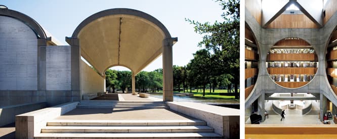 左／美術館建築の最高峰〈キンベル美術館〉（1972）。©2010 Kimbell Art Museum, Fort Worth, photo Robert LaPrelle   右／1 構造と造形が融合し、光と影が対峙する〈フィリップ・エクセター・アカデミー図書館〉（1972）©Iwan Baan