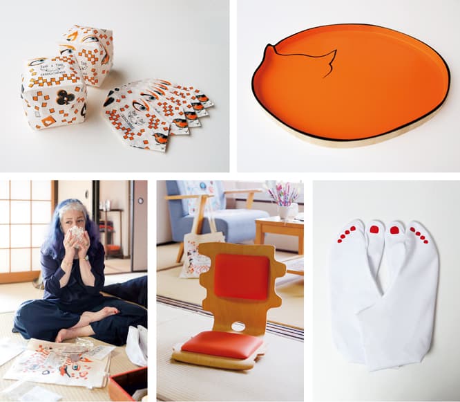 上左／昔ながらの製法を受け継ぐ《ツェツェ旅館の四角い紙風船》５枚セット702円。上右／削り出しで仕上げた《ラッジャーとカイロスのお盆》24,840円。下左／嬉野で６月末まで開催されたツェツェ旅館を楽しむカトリーヌ。下中／座椅子《パズルチェア》75,600円。下右／《色っぽい足袋》4,320円。