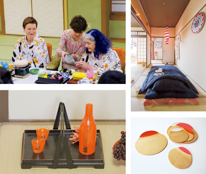 上左／もてなされるツェツェ。上右／布団カバーやランプシェードもツェツェの新作。下左／浅草で制作する《お利口な徳利とお猪口のセット》16,200円。下右／《ホタテ貝の皿》大各5,400円、小各3,780円（以上H.P.DECO TEL 03 3406 0313）。