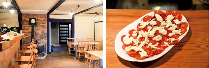工事が難航したけれど、地元のデザイナーと出会い、シンプルなインテリアの内装が完成した。料理は佐渡の食材の味を楽しめてワインが進むシンプルなもの（料理はイメージ）。