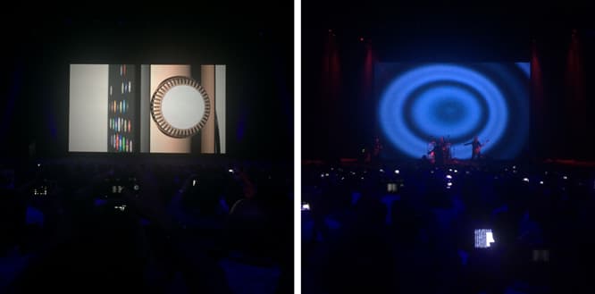 左／Apple Watchのプレゼンスクリーン。右／最後はU2によるサプライズ・ライブ。
