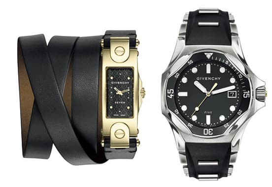 左／ブレスレットのような腕時計レディース156,000円、右／メタルとラバーのコンビ、メンズ140,000円（GIVENCHY OMOTESANDO STORE TEL 03 3404 0360）。