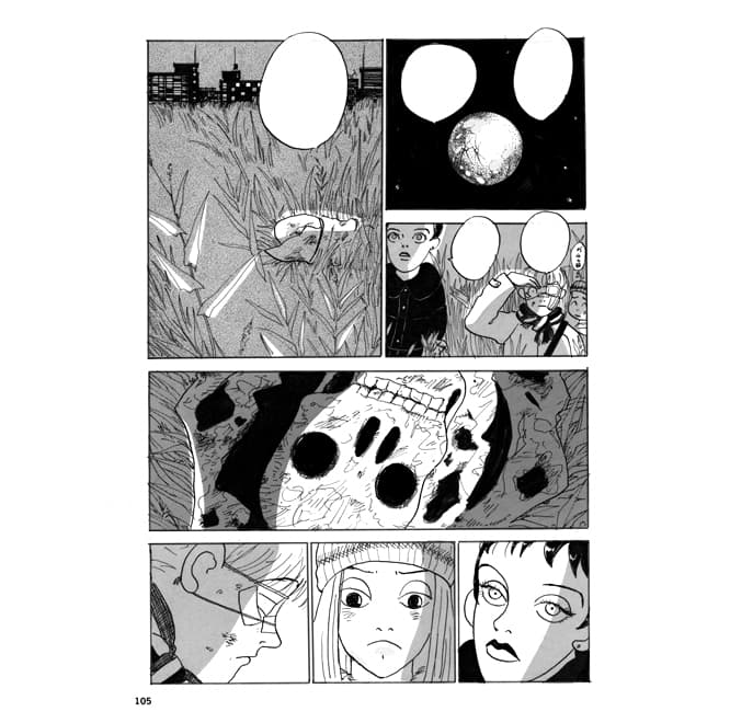 『リバーズ・エッジ』の舞台は、川沿いの郊外の街。その設定も、普遍性を獲得する重要な要素のひとつ。死体を描いたコマは、グロテスクでありつつ、マンガ的なポップさを感じる描画。　