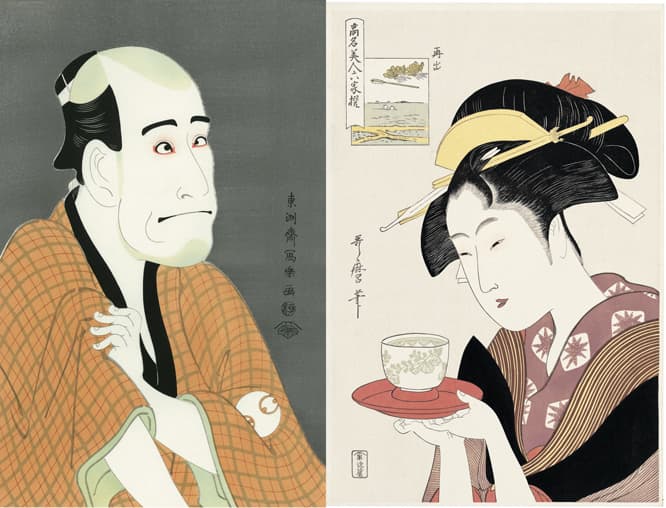 左／東洲斎写楽「嵐龍蔵の金貸石部金吉図」。右／喜多川歌麿「高名美人六家撰　難波屋おきた」。