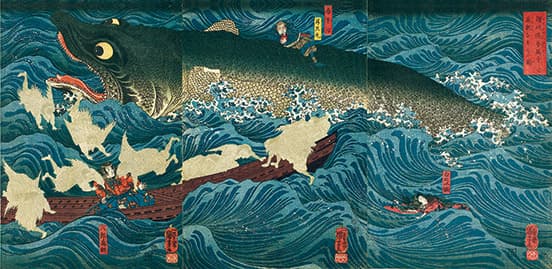 歌川国芳《讃岐院眷属をして為朝をすくふ図》嘉永4〜5（1851〜52）年ごろ。曲亭馬琴の伝奇小説『椿説弓張月』の、荒れ狂う白波の場面。　William Sturgis Bigelow Collection, 11.26999-7001