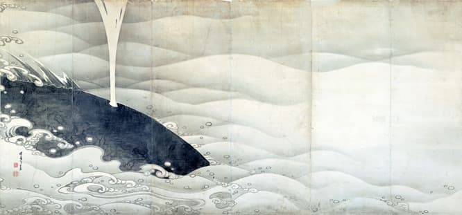 《象と鯨図屏風》伊藤若冲筆。六曲一双のうち左隻。寛政9（1797）年。MIHO MUSEUM蔵。【展示期間】3月18日〜5月10日。