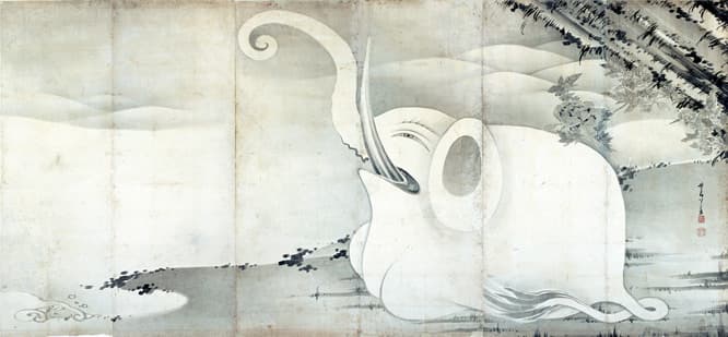 《象と鯨図屏風》伊藤若冲筆。六曲一双のうち右隻。寛政9（1797）年。MIHO MUSEUM蔵。【展示期間】3月18日〜5月10日。