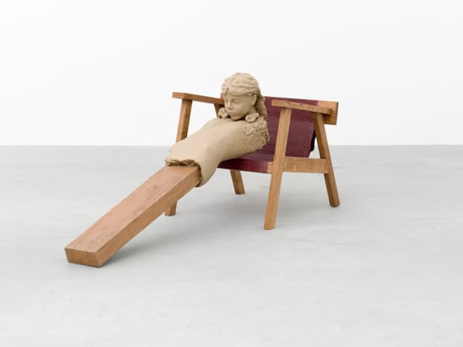 Mark Manders, Figure on Chair, 2011–2013  oil paint and acrylic on bronze, wood, offset print on paper 70x165x70cm  ©Mark Manders / Courtesy of Zeno X Gallery, Antwerp and Gallery Koyanagi, Tokyo   Photo: Peter Cox