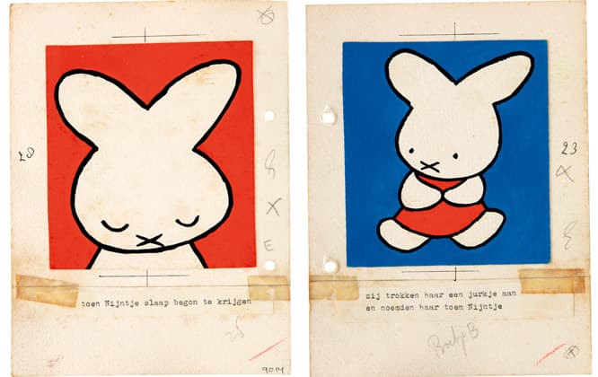 最初に描かれた第1版の挿絵。今の絵本の正方形サイズと違い、判型もA4だった。『ちいさなうさこちゃん』（第1版、1955年）原画。