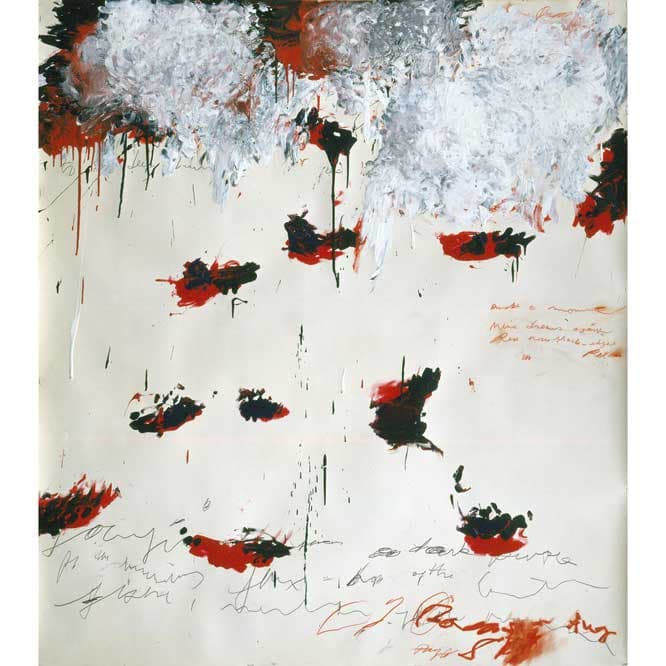 「Petals of Fire (炎の花弁)」1989年 144×128cm アクリル絵具、オイルスティック、鉛筆、色鉛筆、紙 ©Cy Twombly Foundation / Courtesy Cy Twombly Foundation