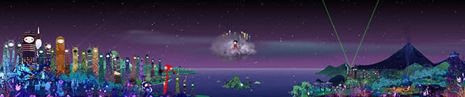 《高天原》2015  Animated Mural and 3D Soundscape (Multiple Projectors and Speakers)  7min.  Courtesy of Kaikai Kiki Gallery  2881×19525 mm  ©2015 Chiho Aoshima/Kaikai Kiki Co., Ltd. All Rights Reserved.