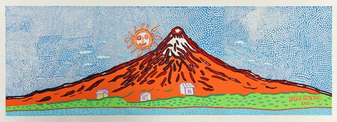 《七色の富士》 　背景に描かれた水玉は14685個にも及ぶ。