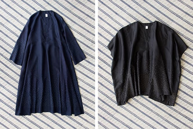 左／ワンピース〈traveler〉short tule dress 70,000円。右／ブラウス）〈traveler〉yoruba tunic 64,000円。