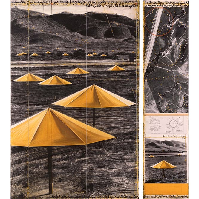 《アンブレラ 日本とアメリカ合衆国のジョイント・プロジェクト》1990年　2枚組のドローイング　©Christo, 1990 photo_Wolfgang Volz