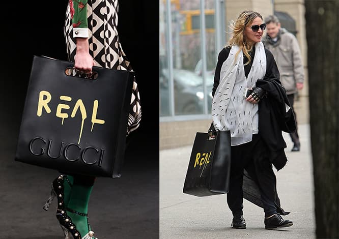 左／トートバッグ351,000円。Courtesy of Gucci　右／パパラッチされたマドンナも使用。©Turgeon-Brown/Splash News