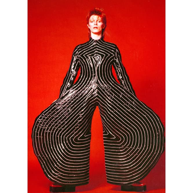 Striped bodysuit for the Aladdin Sane tour, 1973. Design by Kansai Yamamoto.　Photograph by Masayoshi Sukita© Sukita / The David Bowie Archive