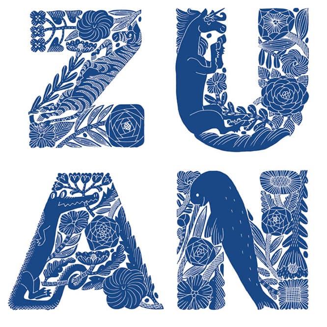 「ZUAN LETTERS」は植物の図案の中にABCに由来する生き物が隠されているアルファベットのコレクション。鹿児島らしい生き生きとしたタッチはそのまま、平面の中で新しい作品世界を展開している。アートディレクター前田景のディレクションによる。
