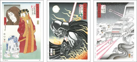 浮世絵師と職人によって制作されたSW浮世絵。限定生産につき売り切れの際はご容赦くださいまし、とのこと。各50,000円。