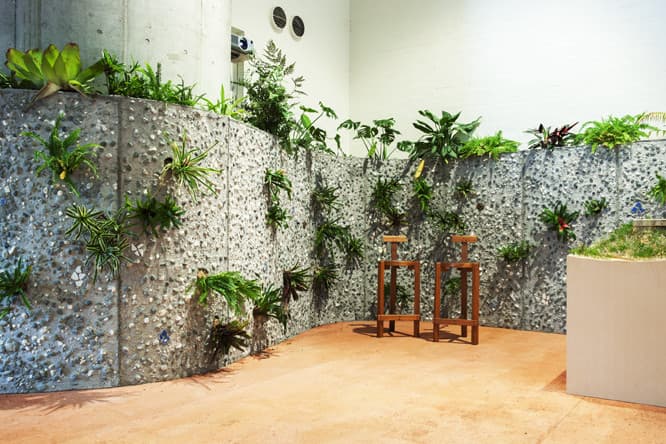 モルタルに石を混ぜた壁に草が生えている。屋根に草が生えていたりする藤森照信的手法だ。手前に置いてあるリナがデザインしたキリンの椅子のうち一脚はSANAAの西沢立衛のコレクション。