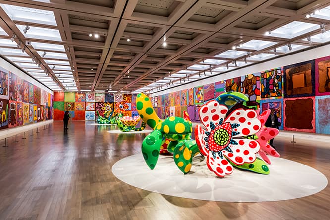 壁の絵画「わが永遠の魂」シリーズは500点余りの中から約140点を選んだもの。中央には《明日咲く花》《真夜中に咲く花》と名付けられた花のオブジェが生きているかのようにうごめく。