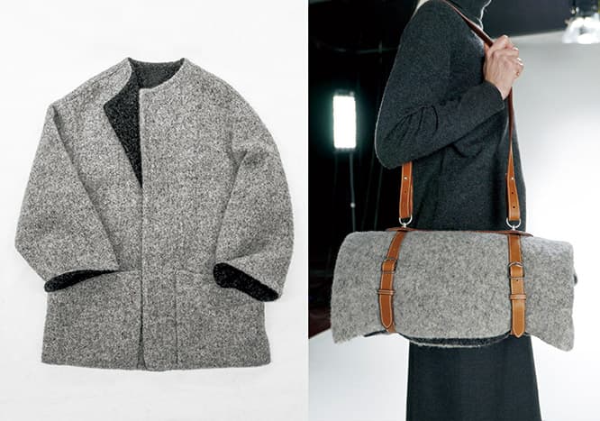 エルメス2000年のコレクションより。ダブルフェースのノーカラージャケットは丸めて革のベルトで持ち運び可能。　Hermès, L/Z 2000 ‘Le porte vêtement’, Left image: Monica Ho, Right image: Marina Faust