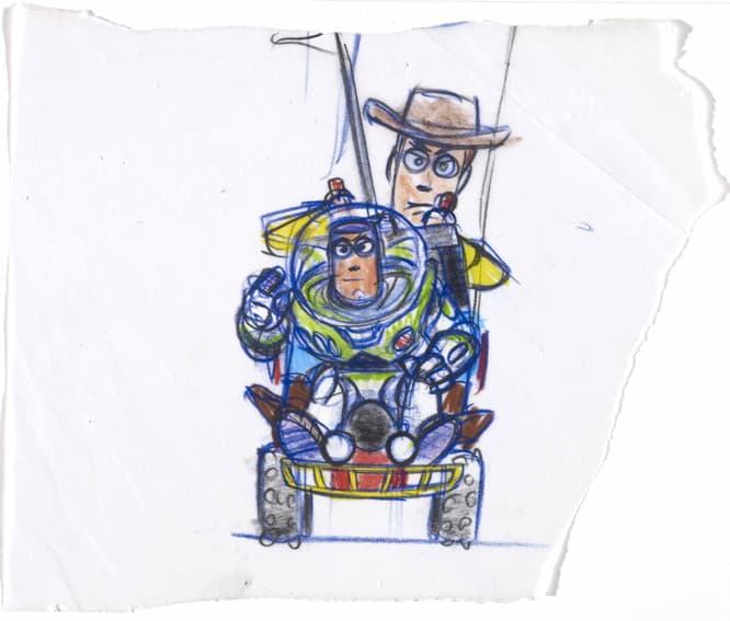 ボブ・ボーリー《ウッディとバズ》『トイ・ストーリー』（1995年）複製（マーカー、鉛筆／紙） ©Disney/Pixar