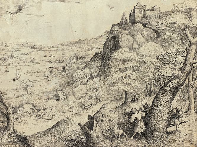 ピーテル・ブリューゲル1世《野ウサギ狩り》1560年　狩人が二羽のウサギを狙っているところから「二兎を追う者は一兎をも得ず」の教訓かとも言われる。
Museum BVB, Rotterdam, the Netherlands