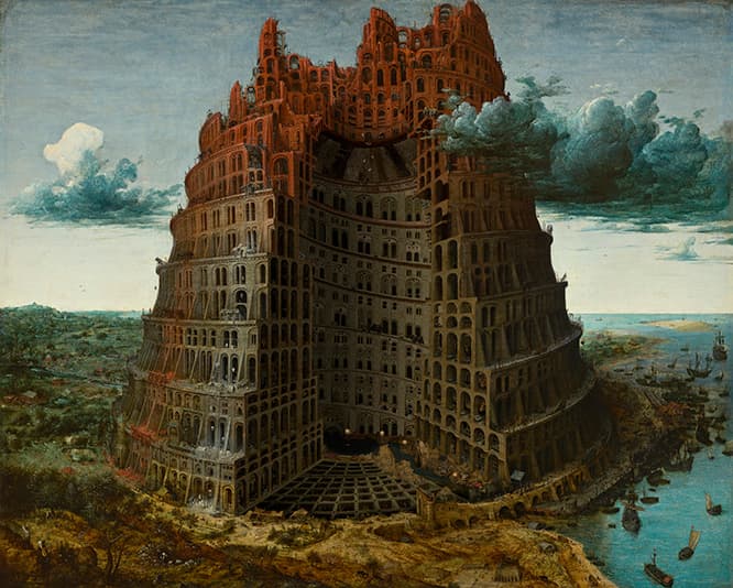 大友克洋、デジタルコラージュ：河村康輔《INSIDE BABEL》（2017年 デジタルプリント、紙）。大友が想像した、バベルの塔のカットモデル。ブリューゲルに負けない精密さが要求された。　(c) マッシュ・ルーム　大友克洋