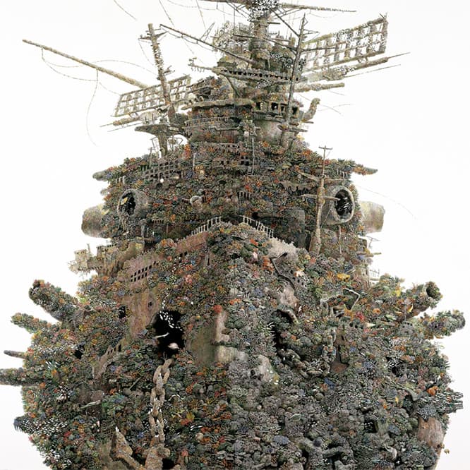 《再生》2001年。徹底した観察眼と描写力から生まれる池田の絵は、現実の都市や自然を凌駕する異世界を思わせる。浜松市美術館蔵。