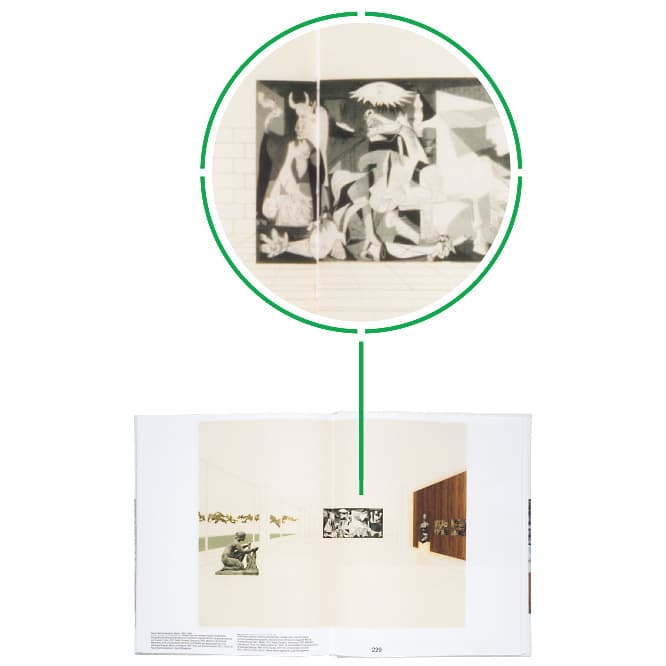 芸術作品や自然がコラージュされた室内パース。《ゲルニカ》の左右には彫像が2体。人間の創造物である彫像や絵画は「人」を表すものとして置かれている。同時代のパウル・クレーの作品も度々登場。