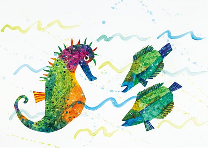 『とうさんはタツノオトシゴ』最終原画、2003年 ©2004 Eric Carle。共にエリック・カール絵本美術館蔵。