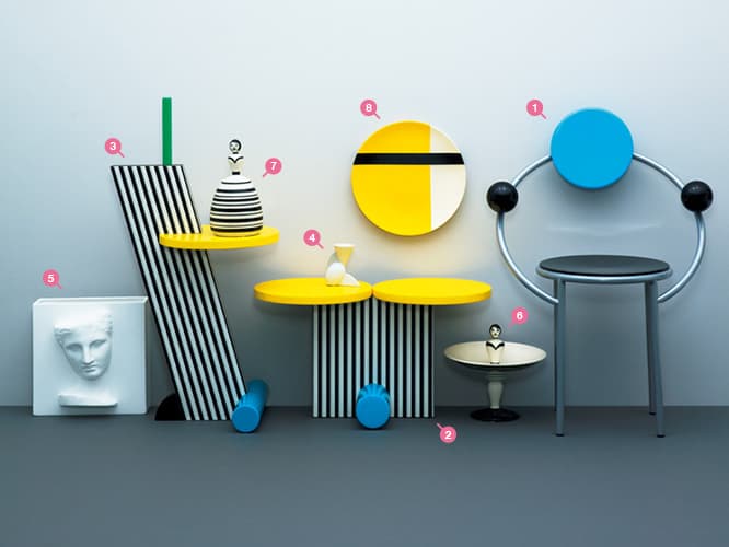 ミケーレ・デ・ルッキさまによりますメンフィス作品、1 《First》170,000円、2 《Polar》210,000円、3 《Flamingo》210,000円。4 マッテオ・チューンさまの《Onega》22,000円。5 〈ドーノ〉が輸入するイタリアのラグジュアリーインテリアブランド〈VG〉から《カプア》マガジンラック51,000円（以上西武池袋本店キュリオシュタット TEL 03 3981 0111）。6 イタリア・ロメッティ社のモニカ・ピオッジアさまデザインのお人形陶器、《カルメン》コンポート45,000円、7 蓋物50,000円。8 イギリス〈ダークルーム〉のプレート《ストレン フロム ディスティル》25,000円（以上西武渋谷店紳士洋品 TEL 03 3462 0111）。