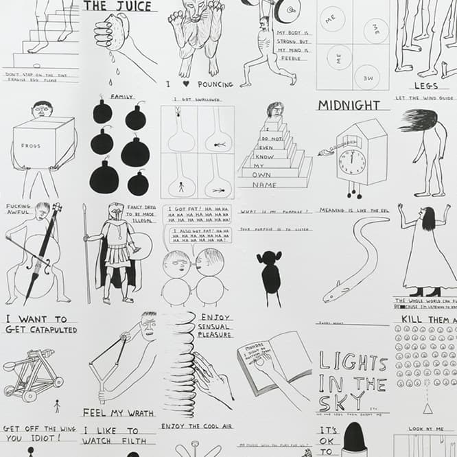 誤解も作品のうち。
《無題ドローイング》（2004〜）
イメージと文章を組み合わせた作品。和訳もある。「翻訳では意味の解釈が違うかもしれないけど、それも面白いところだ。言葉や意味はウナギみたいなものだからね」