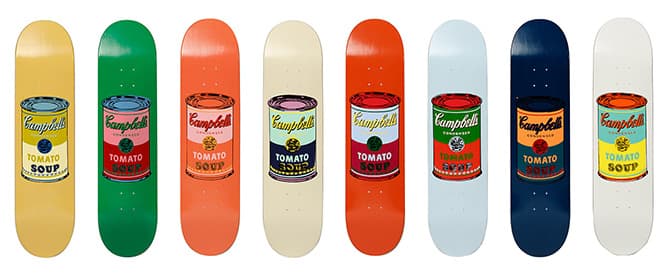 アンディ・ウォーホルの代表作《Cambell’s Soup Cans》をモチーフにカラフルに仕上げた、The Skateroomのスケートボード。