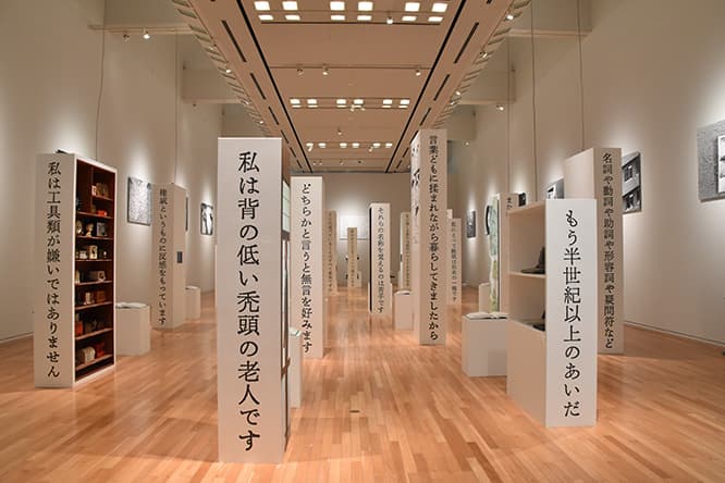 展示風景。会場グラフィック：大島依提亜、会場構成：五十嵐瑠依。