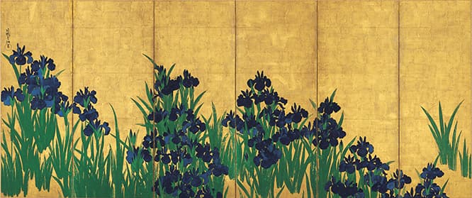 国宝《燕子花図屏風》（左隻）。左に「法橋光琳」の署名がある。