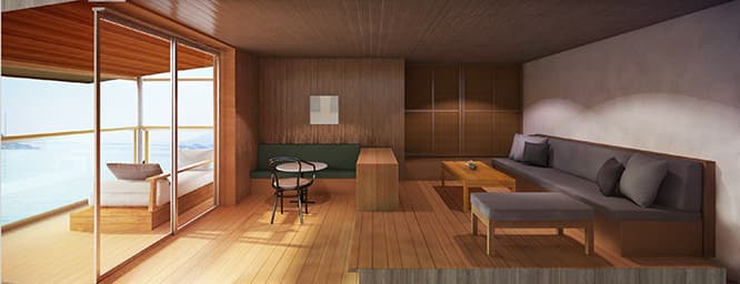 船内に2室あるグランドスイート。露天風呂とデイベッドを備えた広いテラスが特徴。広さ80㎡。1泊70万〜80万円（1室2名利用の場合）。