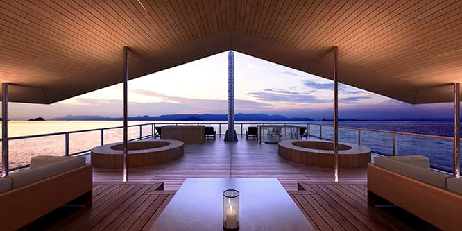 切妻屋根の下に広がる共用スペース。船首には展望デッキ、側面には縁側が広がる。