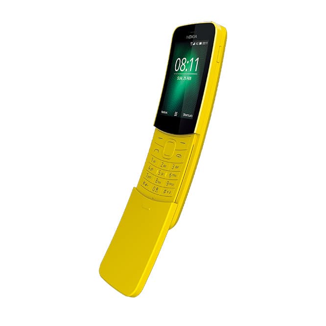 Nokia 8110 4G 　1996年に発売され『マトリックス』に登場したことで爆発的人気に！　復刻版はアンドレア・フィンケ＝アンローフデザインのオリジナル版をローン・フォーサイス率いるデザインチームが改良。輸入サイトから購入可能。