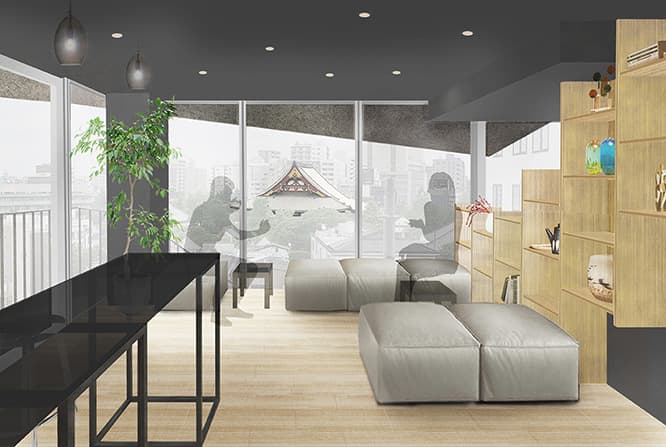 〈ナインアワーズ浅草〉完成予定図（内観）制作：平田晃久建築設計事務所