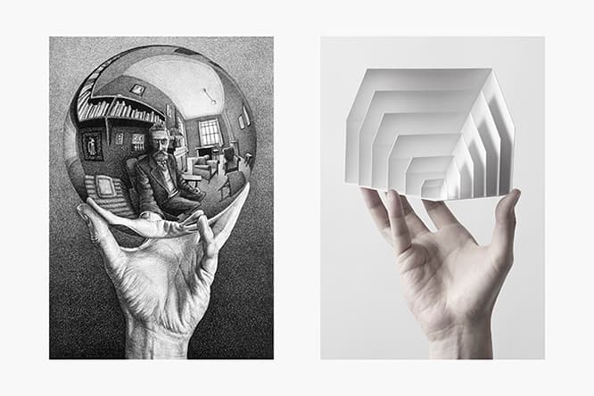 M. C. Escher Hand with reflecting sphere （Self-portrait in spherical mirror） January 1935 lithograph Escher Collection, Gemeentemuseum Den Haag, The Hague,the Netherlands (c) The M. C. Escher Company, the Netherlands. All rights reserved 写真：吉田明広