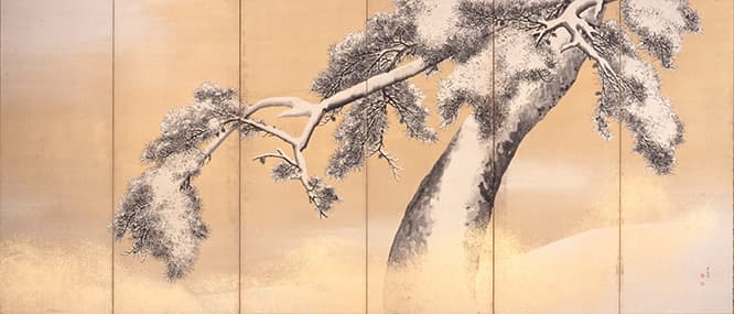 国宝《雪松図屏風》 6曲1双。円山応挙 筆（右隻／江戸時代・18世紀）北三井家旧蔵。右隻の中央、右上から左下に伸びる枝の下側が「付立」によるもの。