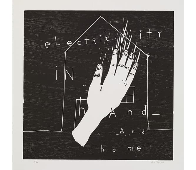 "Electricity in Hand and Home" &nbsp;2010 &nbsp;wood cut &nbsp;50.0×50.0cm &nbsp;(c) David Lynch, Courtesy Item Editions