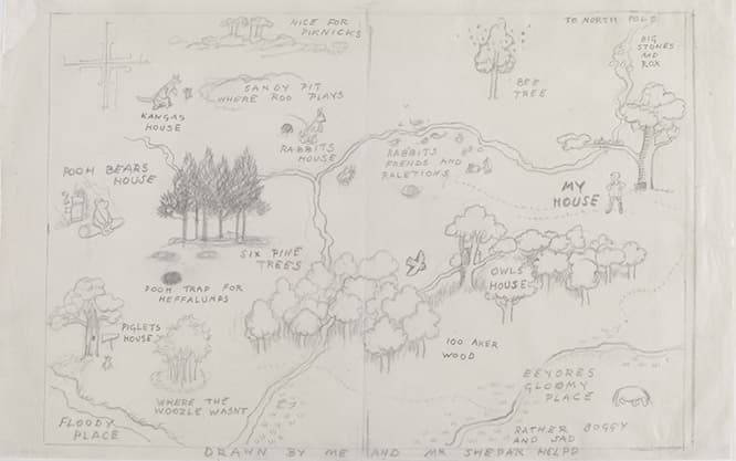 「プーとコブタが、狩りに出て…」、『クマのプーさん』第3章、E.H.シェパード、ペン画、1926年、 クライブ&amp;アリソン・ビーチャム・コレクション © The Shepard Trust