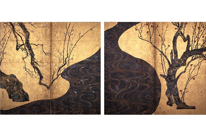 国宝 尾形光琳《紅白梅図屏風》18世紀。紙本金地著色 二曲一双。各 156.0×172.2㎝。心浮き立つ金地の屏風は春の始まりにふさわしい。
