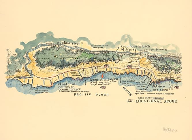 敷地全体のプラン。16kmにも渡って海岸沿いに続く。
Lawrence Halprin, Sea Ranch Locational Score for The Sea Ranch, 1981; Lawrence Halprin Collection, The Architectural Archives, University of Pennsylvania; (c) Lawrence Halprin