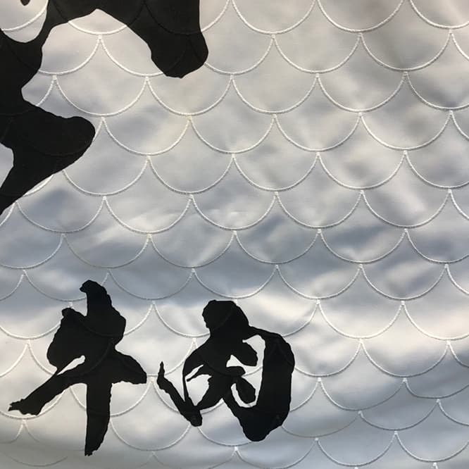 外壁と同じ模様の刺繍が施された暖簾。中村新が手がけた。photo_NAYA architects
